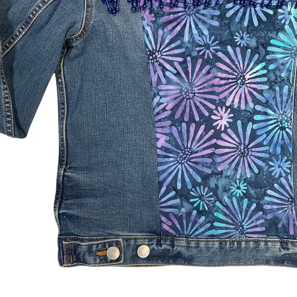 Boho Artisan Denim Jacket Embellished Beaded Floral Artsy Chic Country Glam - Picture 7 of 13